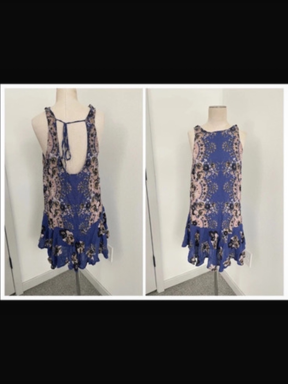 Free People Blue Floral Shift Asymmetrical Mini Boho Dress